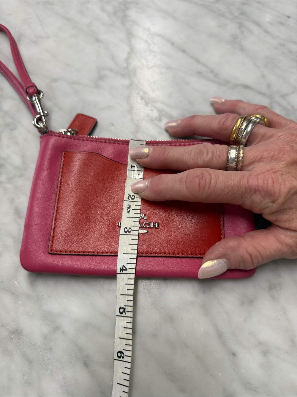 Coach Red and Pink Color Block Leather Wristlet - Picture 8 of 9